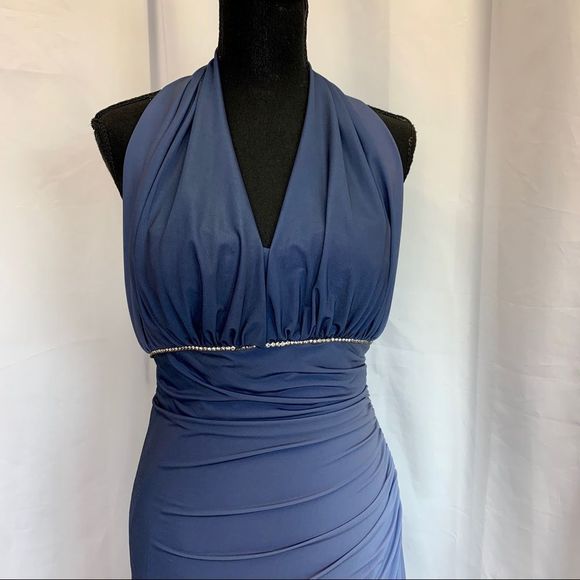Bellissima Blue ombre halter top ruched side ruffle formal bridesmaid prom gown - Picture 2 of 12